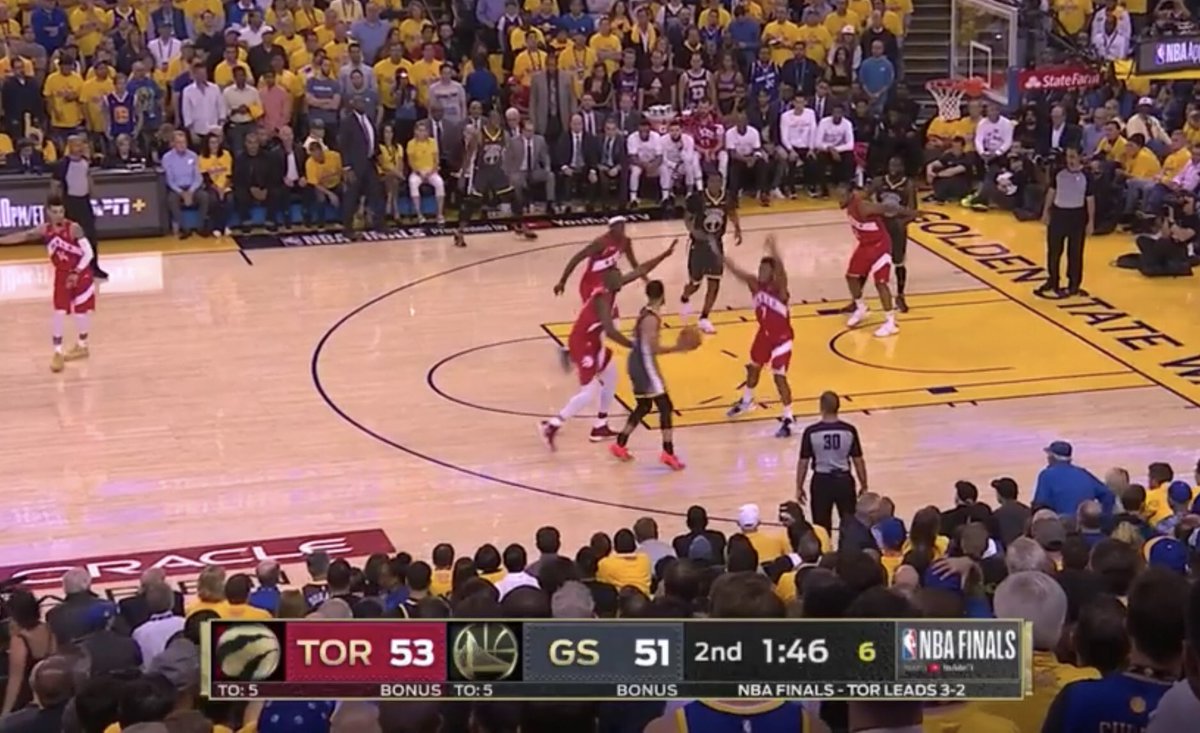 Double team on CurryIguodala gets a wide open three, makes