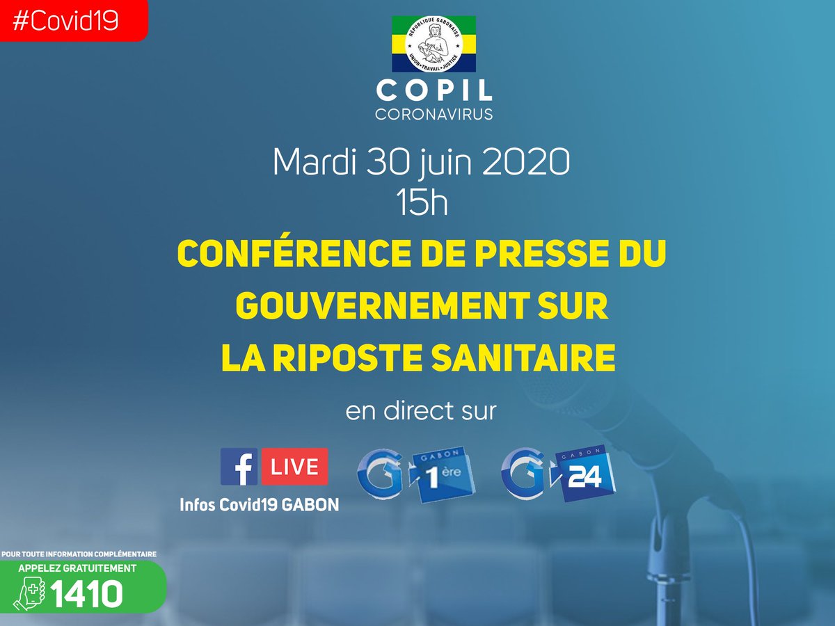 Suivez en direct ce mardi 30 juin 2020 à partir de 15h, la conférence de presse du gouvernement sur la riposte sanitaire. 

#FightCovid19
#StopCovid19
#Ensemble
#Gabon🇬🇦