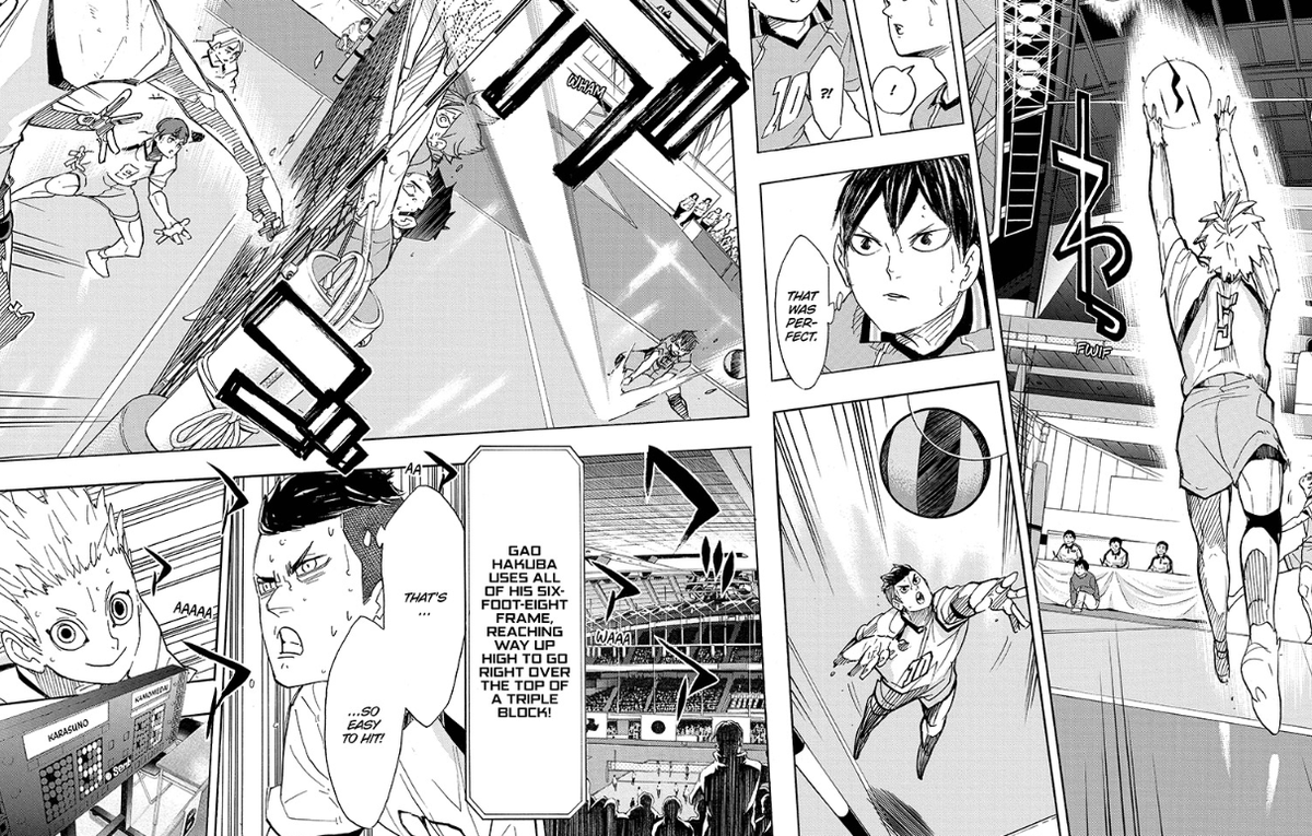 But then the rest of the chapter reminds us that Hoshiumi isn't just a spiker that can get easily replaced by the existence of a larger one. He's a true all-arounder with strong receiving skills and even does an amazing set to Gao who agrees he's good. Kageyama calls it "perfect"