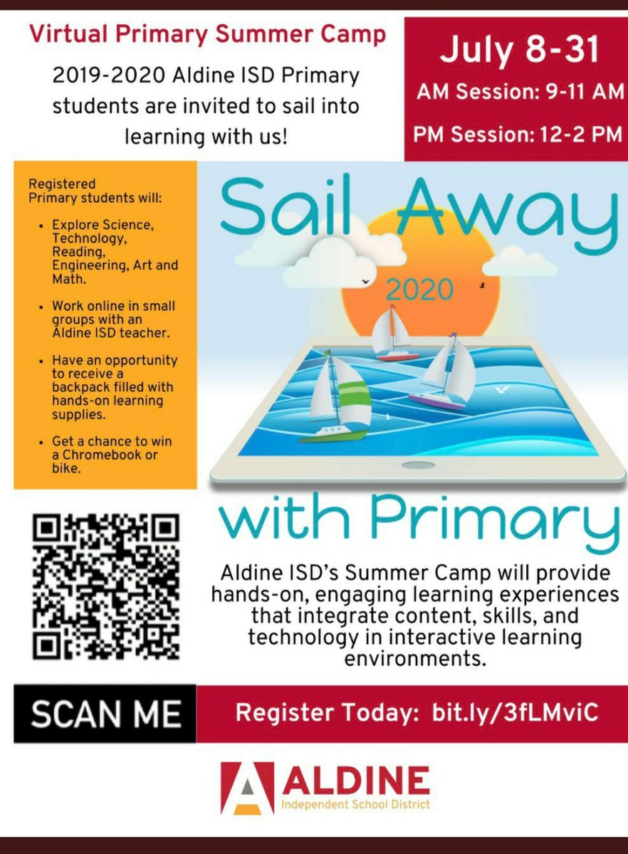 Woo-Hoo!! DeSantiago is excited &amp; getting ready to set sail with our Summer Camp. We are still registering!!! 
<a href="/CherTeachesPK/">Cherneria Lewis</a> 
@SVann_AldineISD 
<a href="/SailAway_AISD/">Aldine ISD Primary Summer Camp</a> 
<a href="/drgoffney/">Dr. LaTonya M. Goffney</a> 
@edventure_AISD 
<a href="/RosalindBurns9/">Rosalind Burns</a> 
<a href="/Msreboot2020A/">MSReboot2020_AISD</a> 
<a href="/AldineISD/">Aldine ISD</a>