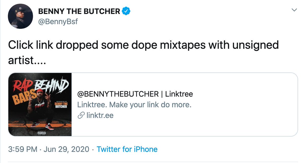 Would you look at that! An hour after this thread went viral, a link to Benny's "presented" mixtape has been tweeted from his account: https://twitter.com/BennyBsf/status/1277708358494060545