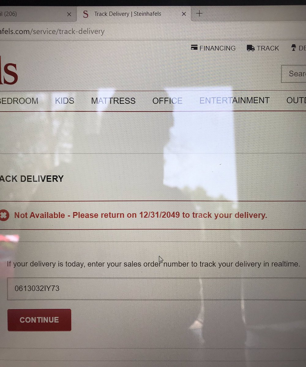 jodiemc91's tweet photo. I ordered a couch from @Steinhafels on June 13 and was told it would be here mid June. Every time I check I am given a different date...mid July...today I found out it will be in 2049 when I am 76. So glad I got rid of my old couch and am currently without. #steinhafelsyousuck https://t.co/oJcRTdoxWD