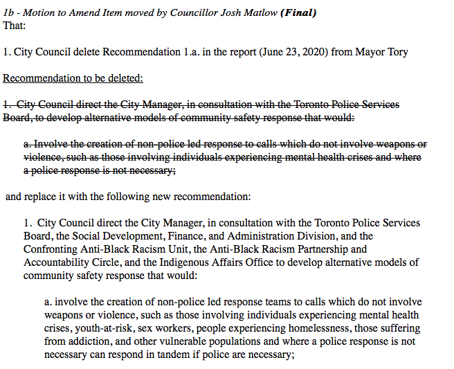 Matlow’s amendment to Tory’s recommendations re: developing alternative models of community safety response FAILS 9-15.