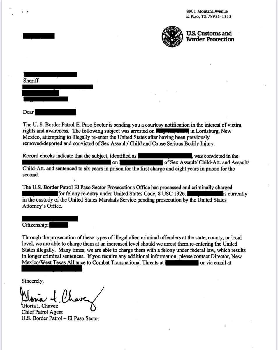 The USBP, #ElPaso Sector, sends victim/witness letters to law enforcement agencies throughout the country to inform them of felons we arrested who were likely headed back to the communities where they were previously convicted.  #BorderSecurityisNationalSecurity <a href="/CBPWestTexas/">CBP West Texas</a>