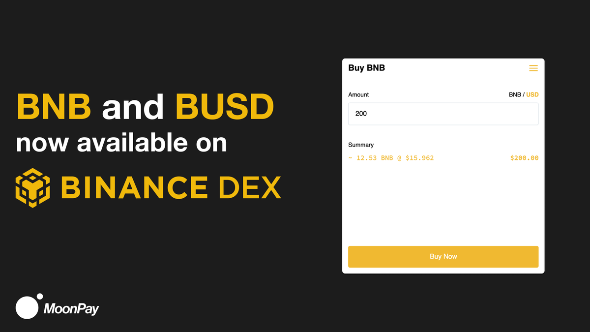 moonpay's tweet photo. Fiat connectivity for $BNB and $BUSD is now available on @Binance_DEX! 🚀

Users can link @WalletConnect and purchase #crypto using Visa, MasterCard, or Apple Pay. 💳

https://t.co/IDZeCJoFlq https://t.co/l8ZnlhUOyG