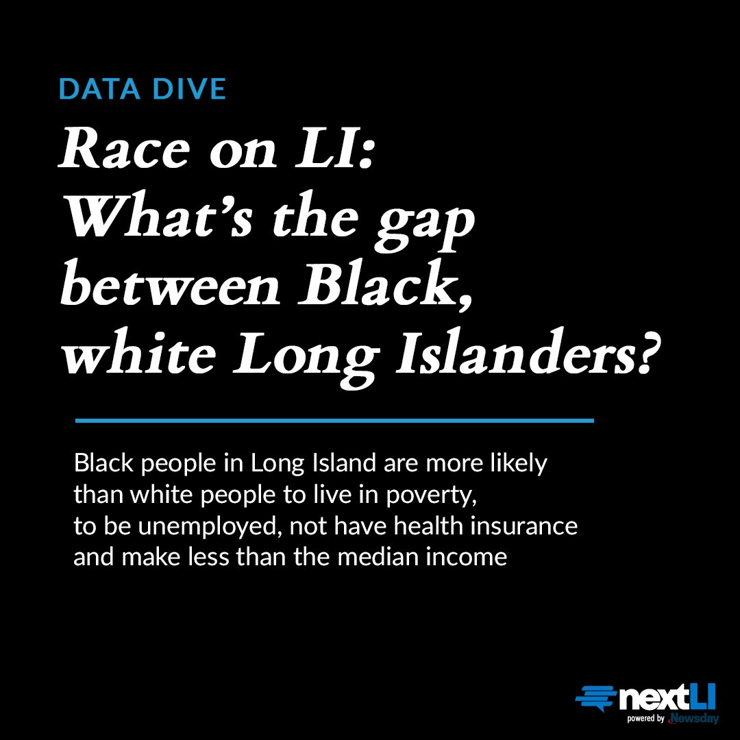 NextLI's tweet photo. Black Long Islanders face substanial disadvantages compared to white Long Islanders. Our data intern @_nicoleki compared regional black-white rates in poverty, unemployment, health insurance coverage and wealth for our “Race on LI” series —> read at: https://t.co/PxxGoK8sUk https://t.co/NjU68ATIvc