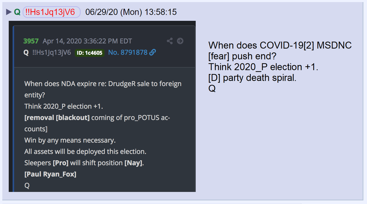 18) The plandemic will come to an abrupt end exactly one day after the Presidential election—November 4th, 2020.This will, coincidently, be the same day the [D] party is removed from life support.