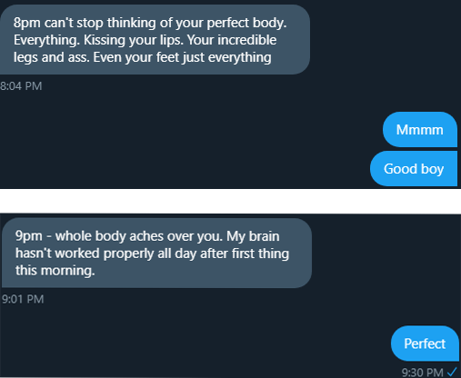 backup__lisa's tweet photo. "whole body aches over you"

You want to see the effect I have on my toy, @alicia_catfish?

I had them give hourly reports after a day of teasing and edging.

I know you are desperate for this kind of mindfuck.

To have your mind THIS wrapped around my finger.

Message me, slave. https://t.co/yb3gfMB0e4