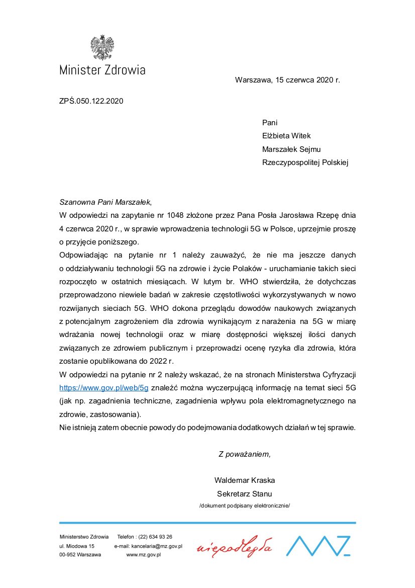 pdzycia's tweet photo. @MZ_GOV_PL z Odpowiadając na pytanie nr 1 należy zauważyć, że nie ma jeszcze danych o oddziaływaniu technologii #5G na zdrowie i życie Polaków - uruchamianie takich sieci rozpoczęto w ostatnich miesiącach. https://t.co/I0PpDz03k5