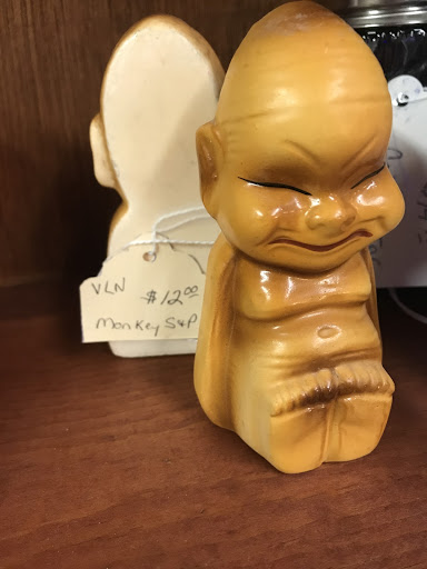 So, Nebraskans.. did we stop at black stereotypes? Oh no. Plenty of “Oriental” (shop’s label) items AND…Yep, you read that right “Monkey” (!!!!!!!) salt and pepper shakers