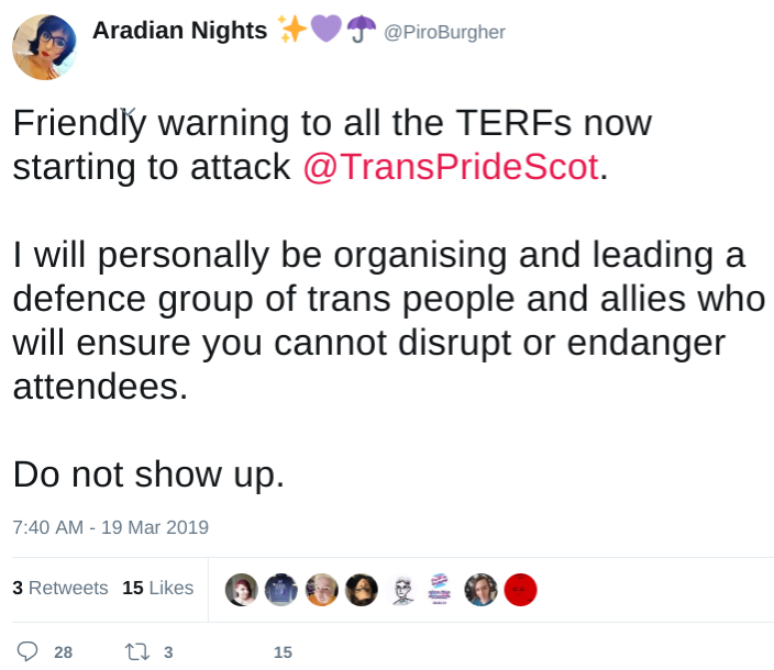 In the aftermath of this threat, many went into overdrive defending the individual and blaming us for contacting the police.This included Ellie Mulreany who was an official at Trans Pride Scotland and who wrote a long defence of VAW on the official TPS FB page.