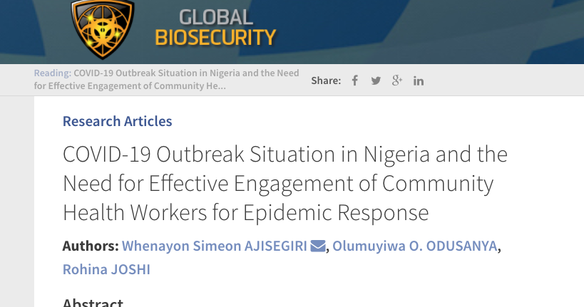  What's the solution for community transmission of  #COVID19, inadequate testing, overwhelming of health resources, & infection of health workers in  #Nigeria?  #CHWs + deployment of rapid epidemic intelligence + use of mobile apps for  #ContactTracing https://jglobalbiosecurity.com/articles/10.31646/gbio.69/