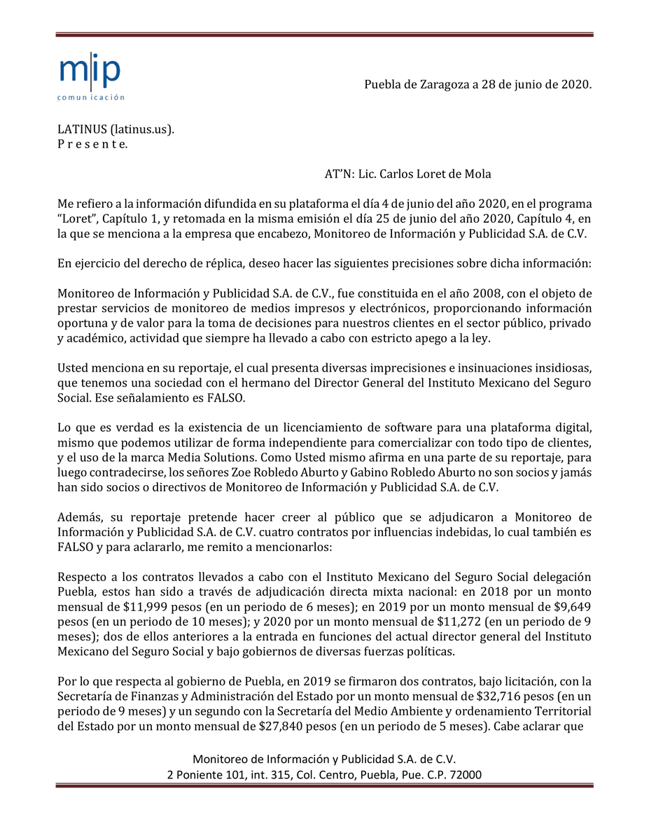 MediaPuebla's tweet photo. Solicitamos a @taniarosas y @mariotuitero, reporteros de @latinus_us y a @CarlosLoret publicar completo el texto enviado el día de ayer como derecho de réplica y dejar de sacar de contexto la información insidiosamente, https://t.co/CSZEB0RoIV