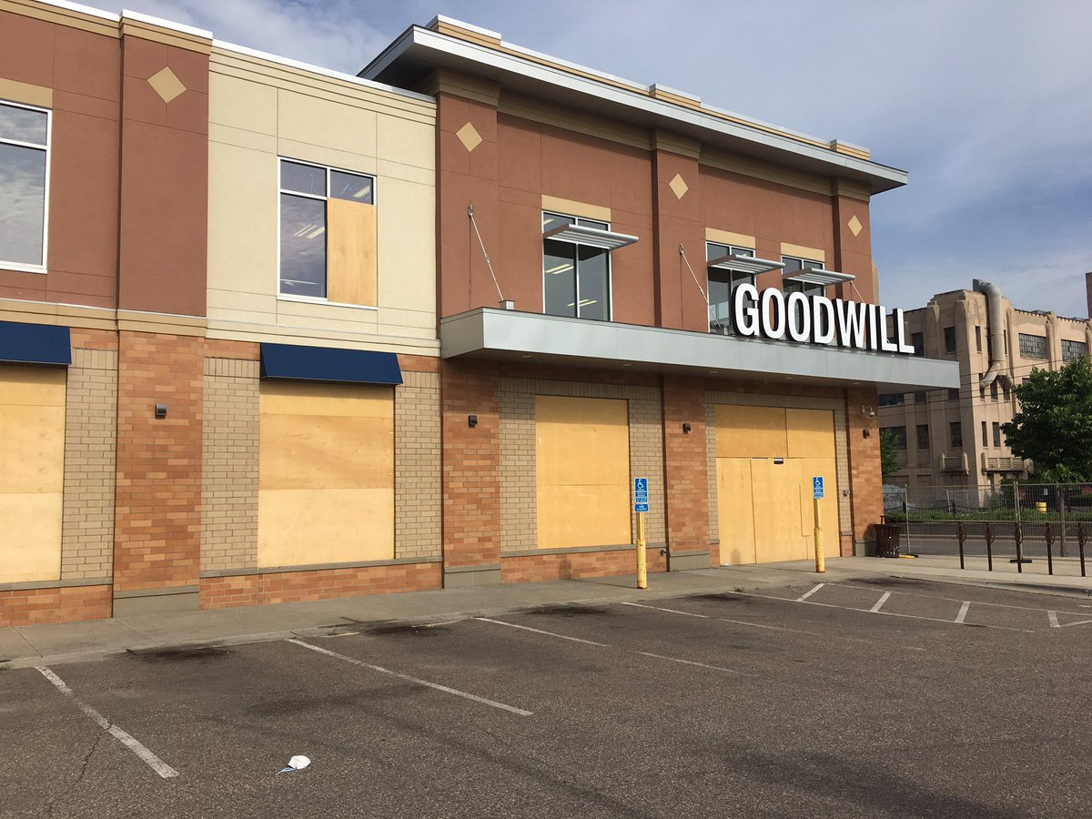 Goodwill in Saint Paul was boarded up only today, presumably due to backlog in the area. Wokers for construction contractor just hauled out the broken windows