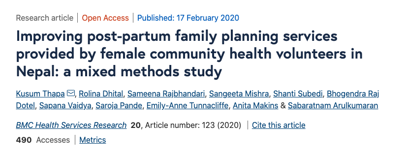  Does orienting female  #communityhealth  #volunteers in  #Nepal  to post-partum  #familyplanning improve knowledge & counseling coverage? This study says yes  & more research is needed https://bmchealthservres.biomedcentral.com/articles/10.1186/s12913-020-4969-1