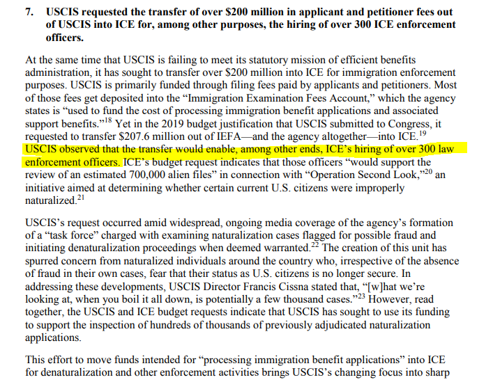 USCIS has also taken on an openly enforcement-first approach under Trump, to the point that it was actively *trying to give its own desperately-needed money to ICE* to hire 300 more officers. (This summary courtesy of  @AILANational)