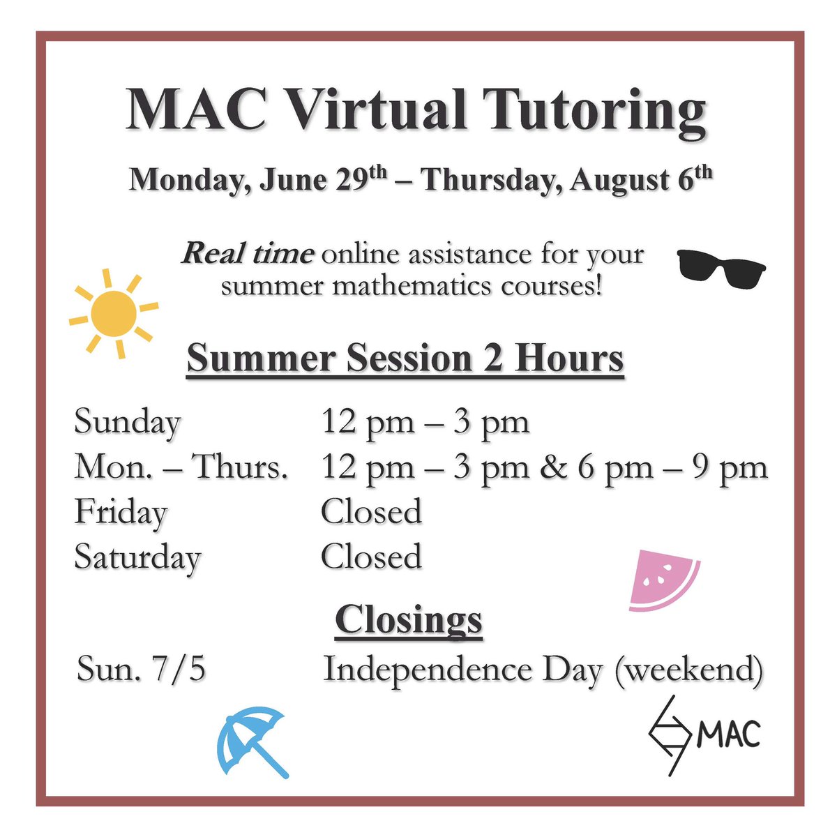 The MAC is back for Summer Session 2! We’re offering real time online assistance for your summer math classes. Today is a great day to get a feel for how the MAC works on Zoom, so head on over to mac.iupui.edu/virtual-tutori… and say hello to our tutors! #iupui #macatiupui #online