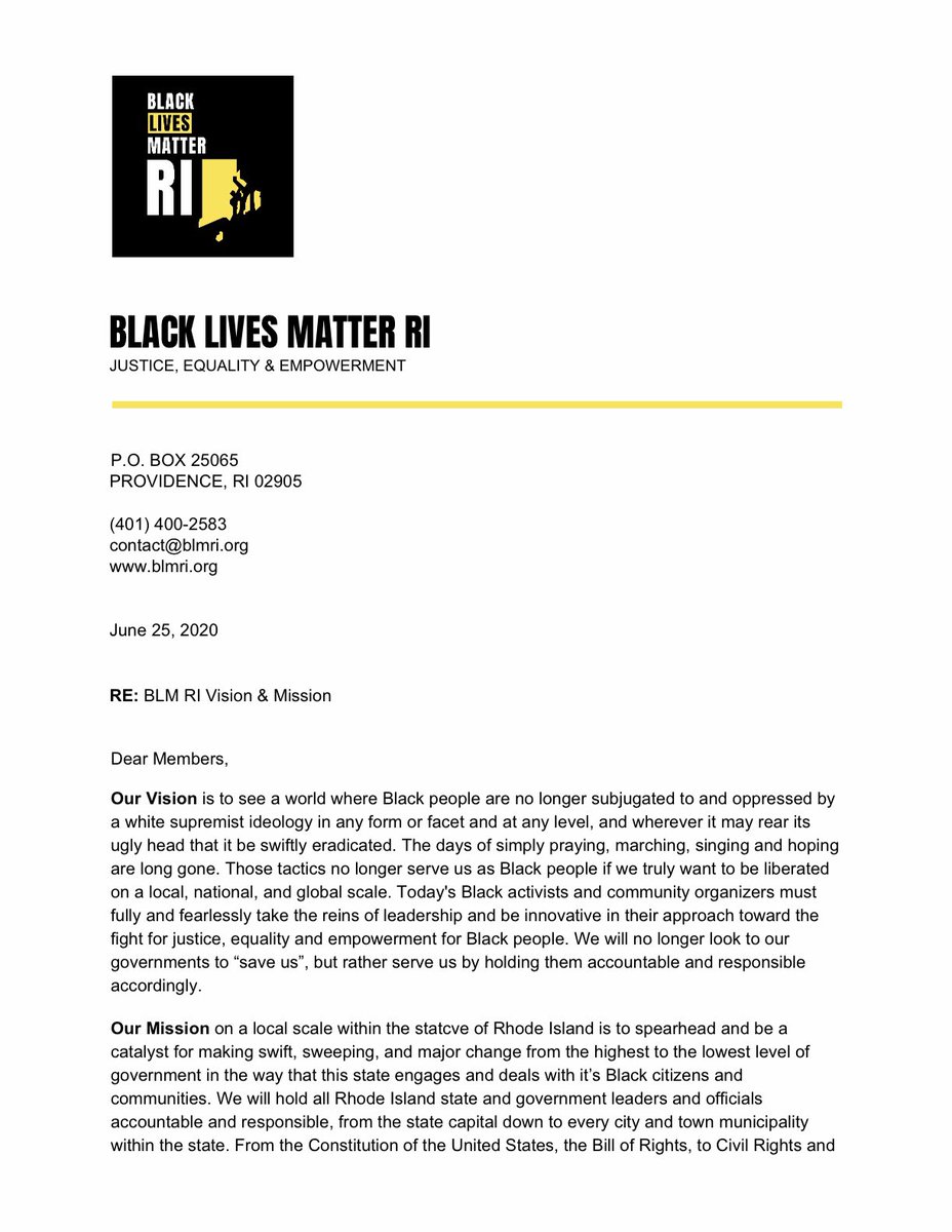 blmriorg's tweet photo. Dear Members,

Our Vision is to see a world where Black people are no longer subjugated to and oppressed by a white supremist ideology in any form or facet and at any level, and wherever it may rear its ugly head that it be swiftly eradicated. 

#BLMRI #BLM https://t.co/zmS4y6V9iC