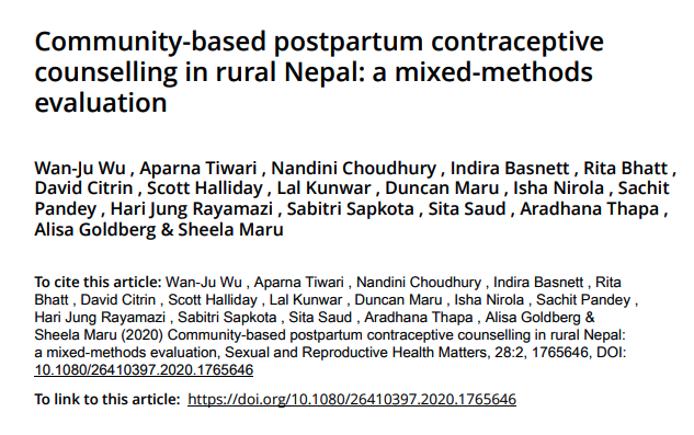 More on postpartum  #familyplanning in  #Nepal , this time examining an intervention by paid, full-time  #CHWs (employed by  @Nyaya_Health) using  #mHealth tools Modern contraceptive use increased from 29% (pre) to 46% (post) w/ p<0.0001  https://www.tandfonline.com/doi/full/10.1080/26410397.2020.1765646