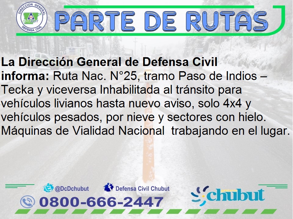 19:45hs #Parteinformativo Ruta Nacional. N°25 
<a href="/MinSegChubut/">Ministerio de Seguridad y Justicia Chubut</a> <a href="/Marceyap/">Marcelo Yapura</a>