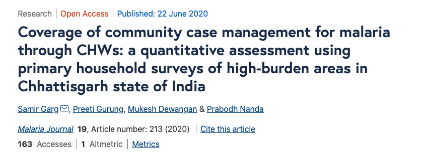  Another addition to the  #CHW + CCM literature, this one focuses on coverageNearly 40k  #CHWs were trained & equipped w/ RDTs, ACTs, and chloroquine as part of a large-scale CCM  #malaria program in Chhattisgarh  #India  https://malariajournal.biomedcentral.com/articles/10.1186/s12936-020-03285-7