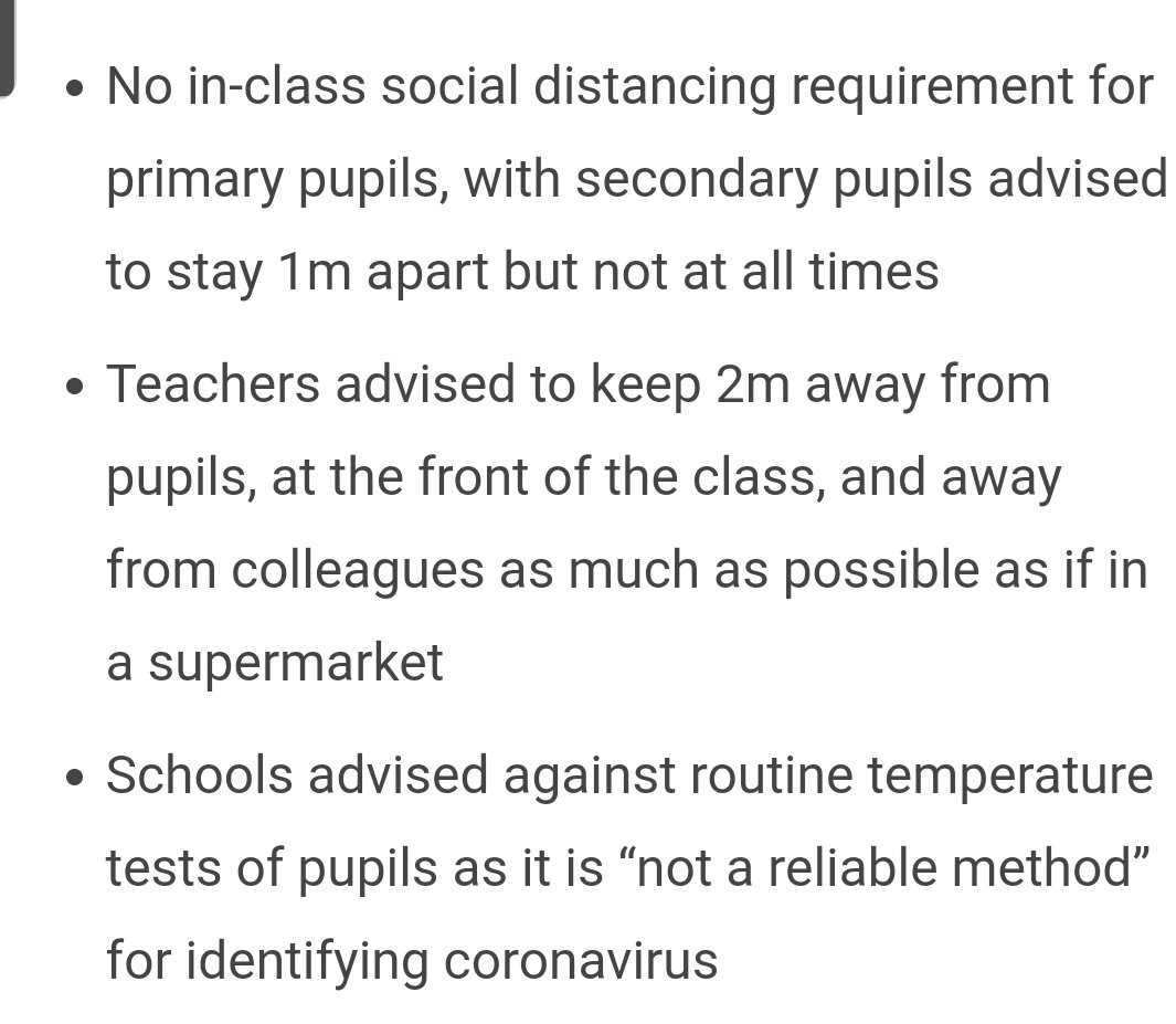 6/ claim they are encouraging infection control when they know the reality is there will be none. Some small rooms with 30 students will be a struggle for a teacher to be 2m away, I also dont spend an hour close to someone in a supermarket however its advisory so in reality..