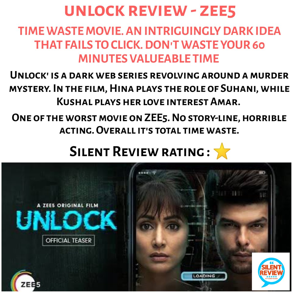 Abhishekreviews's tweet photo. Silent review on #unlockthehauntedapp
Follow @Silentreviews for more updates and reviews
@eyehinakhan @KushalT2803 @ZEE5India @ZEE5Premium
#movie #Review #ZEE5 #hinakhan #KushalTandon #Bollywood #bollywoodreview #bollywoodwebseries https://t.co/OOMGxS4ZSl