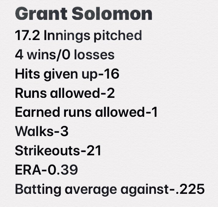 Check out these numbers from our 6’3 RHP <a href="/GrantSolomon30/">Grant Solomon</a> for this summer against a very tough schedule! #uncommitted2021