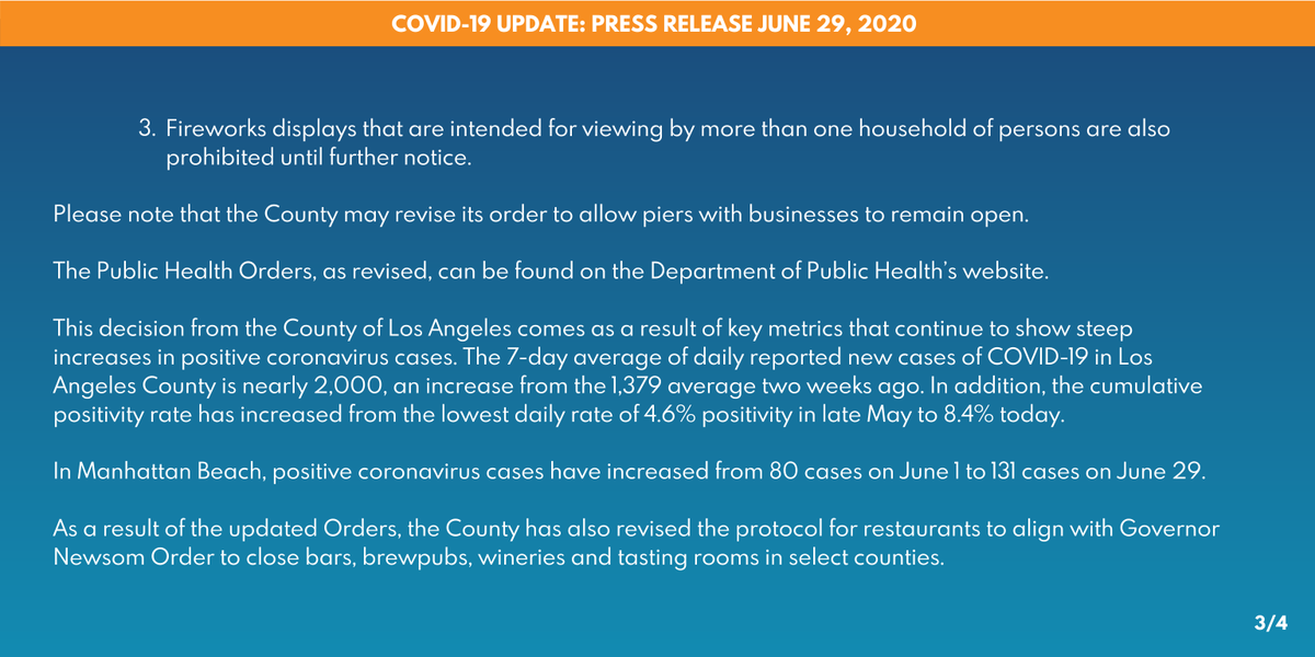 citymb's tweet photo. Today, the @CountyofLA @lapublichealth issued revised #PublicHealthOrders regarding beaches, bars, &amp; fireworks. This decision comes as a result of key metrics that continue to show steep increases in positive #COVID19 cases. https://t.co/Hs3TfWyRvj