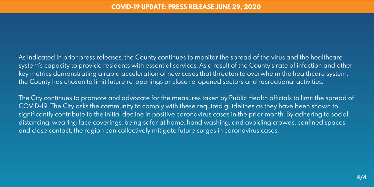 citymb's tweet photo. Today, the @CountyofLA @lapublichealth issued revised #PublicHealthOrders regarding beaches, bars, &amp; fireworks. This decision comes as a result of key metrics that continue to show steep increases in positive #COVID19 cases. https://t.co/Hs3TfWyRvj