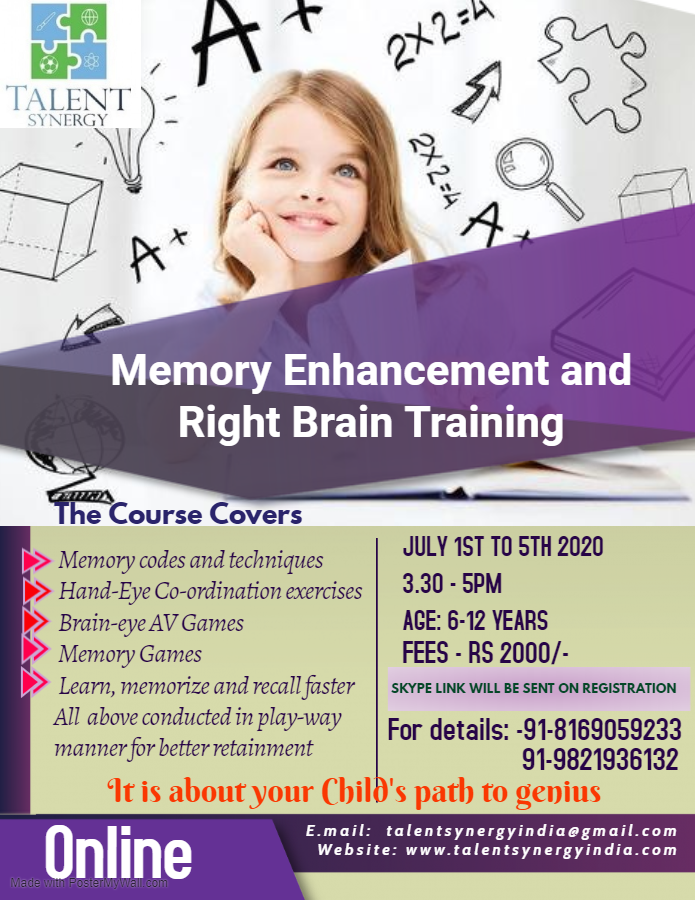 concentration issues and Memory retention are big issues for today's kids. A workshop of #Memoryenhancement & #Rightbraintrainig to show how to overcome the same , starting from tomorrow for kids of ages 6 to 12. 

Register now: forms.gle/zDvnEobGdB9bGa…