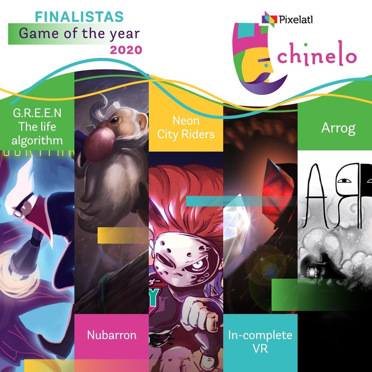 Pixelatl's tweet photo. Los finalistas del GAME OF THE YEAR LATAM. Son:  
* G.R.E.E.N The life algorithm, Estación Pi (CD MX)
* Arrog, Hermanos Magia (Perú)
* Neon City Riders, Mecha Studios (Xalapa/Puebla, MX)
* In-complete, Demon VR (EdoMex, MX)
* Nubarrón, Nastycloud (Argentina)
¡Felicidades! https://t.co/0mZbDnFZSq