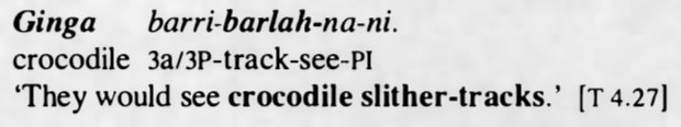 stipulative's tweet photo. I don't have a lot of rules for example sharing but one of them is that if the example includes the compound "crocodile slither-tracks" then I have to share it. (p241) #linguisticsexample #lingex #lingdata #bininjkunwok #australianlanguages https://t.co/8nQpFkqyBC