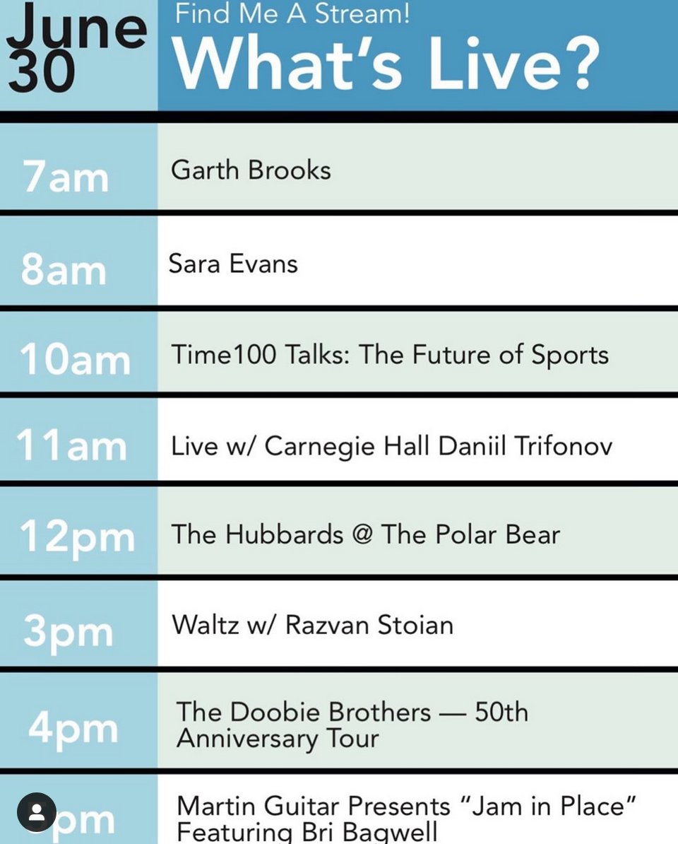 What's #Live Jun 30 <a href="/garthbrooks/">Garth Brooks</a> <a href="/saraevansmusic/">Sara Evans</a> <a href="/time/">TIME</a> <a href="/timetalks/">carpediemkj</a> <a href="/carnegiehall/">Carnegie Hall</a> <a href="/daniil_trifonov/">Daniil Trifonov</a> <a href="/thehubbards/">The Hubbards</a> <a href="/theseshhull/">The Sesh</a> <a href="/batterydance/">Battery Dance</a> <a href="/TheDoobieBros/">The Doobie Brothers</a> <a href="/MartinGuitar/">Martin Guitar</a> <a href="/BriBagwell/">Bri Bagwell</a>
 
#LiveStreams #livemusic #guitar #Dance #countrymusic  on <a href="/findmeastream/">Find Me A Stream!</a>