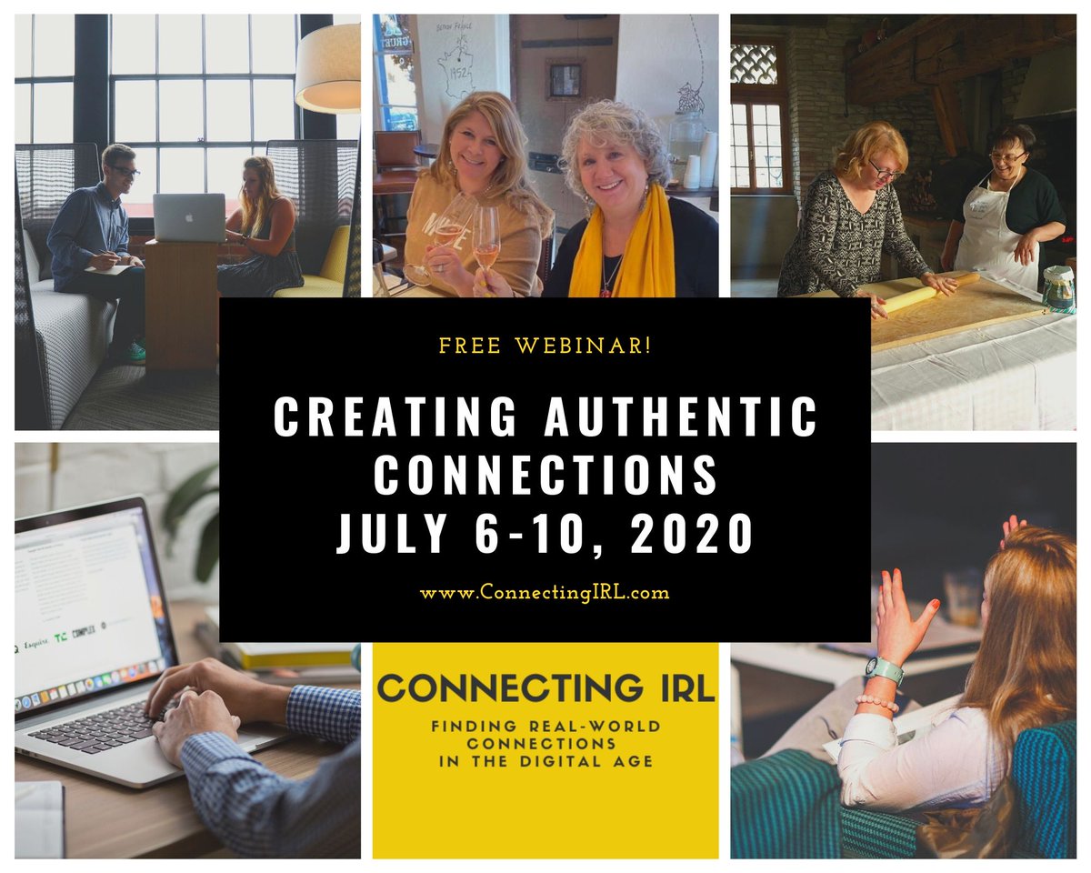 Creating connections has never been so important. Sign up for my free 5-day webinar at Connecting IRL and learn to unleash the power of making authentic connections. Workshop runs July 6-10 on Zoom. Must register ahead of time. ConnectingIRL.com/retreats/
