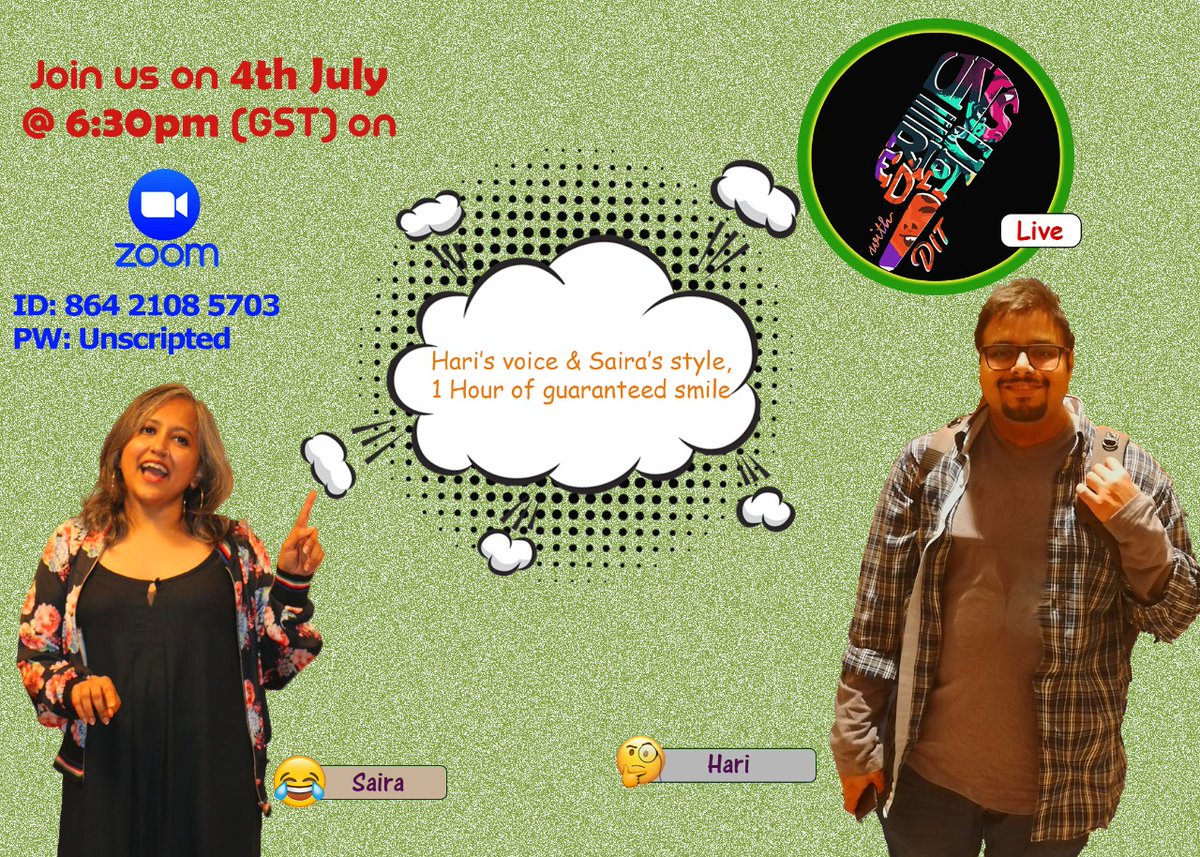 UnscriptedwDIT's tweet photo. Join us this Saturday - the 4th of July for an hour of absolute creativity, unbridled freedom and utter ridiculousness! Don’t forget to bring your laughter kits along - we are fresh out ✨
[Doors open at 6:15pm (GST)
Show Timings:
6:30pm (GST) to 7:30pm (GST)]
#UnscriptedwithDIT https://t.co/qnP2rGILiv