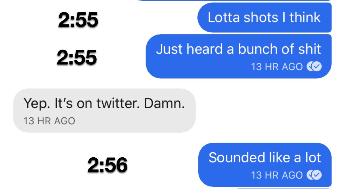 At 2:55 I first heard shots while in my apartment. I immediately threw on shoes and sprinted up the stairs to my building’s roof to see what was going on. I recall hearing more on the way up the stairs. I believe I sent the 2:56 message when I reached the top