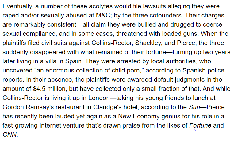 "all claim they were bullied and drugged to coerce sexual compliance, and in some cases, threatened with loaded guns"  https://web.archive.org/web/20080117004139/http://radaronline.com/from-the-magazine/2007/11/den_chads_world_marc_collins_rector_1.php