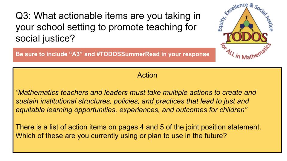 amcan36's tweet image. Q3: What actionable items are being taken in your school setting to promote teaching for social justice. Be sure to include “A3” and #TODOSSummerRead in your response