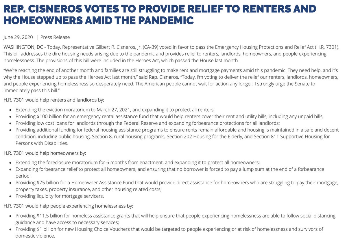 RepGilCisneros's tweet photo. We’re reaching the end of another month and families are struggling to make rent & mortgage payments amid this pandemic. I voted for the Emergency Housing Protections and Relief Act which delivers relief to renters, landlords, homeowners & people experiencing homelessness. #CA39 https://t.co/QPeOAo0w1L