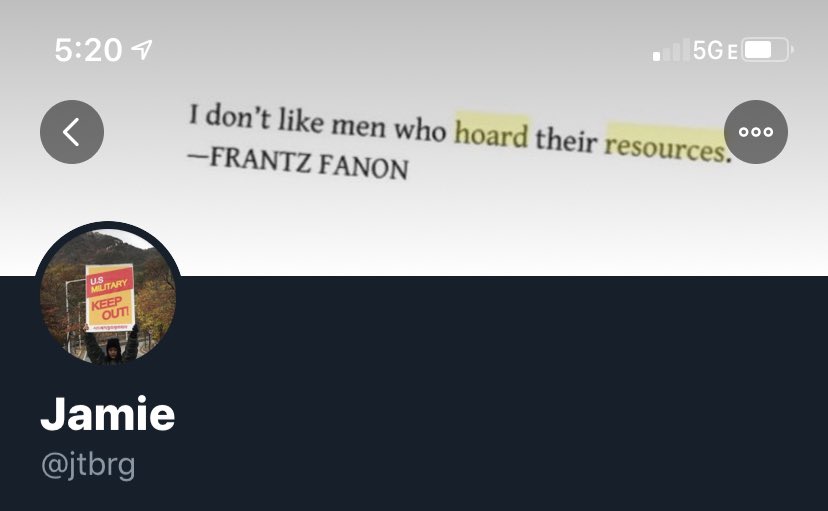 here i’ll help you. an all lives matter fanon quote. the only reason jamie and i started talking is cuz i called them out for misrepresenting a Saidiya Hartman quote and all lives mattering it. i have always been sure to give what little credit is due, however. too much it seems.