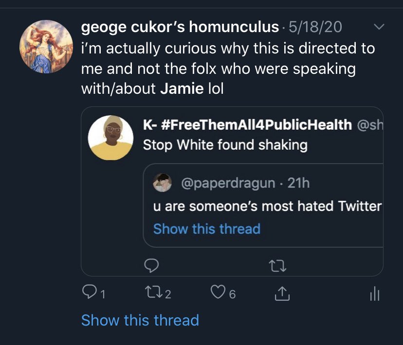 i always made sure to give Jamie credit. and now she wants to subtweet me. to involve her juniour partner ass in a black queer conflict. the first /few/ times K subtweeted me i didn’t respond, but i’m obsessed.