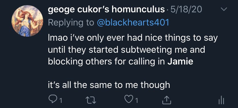 i always made sure to give Jamie credit. and now she wants to subtweet me. to involve her juniour partner ass in a black queer conflict. the first /few/ times K subtweeted me i didn’t respond, but i’m obsessed.