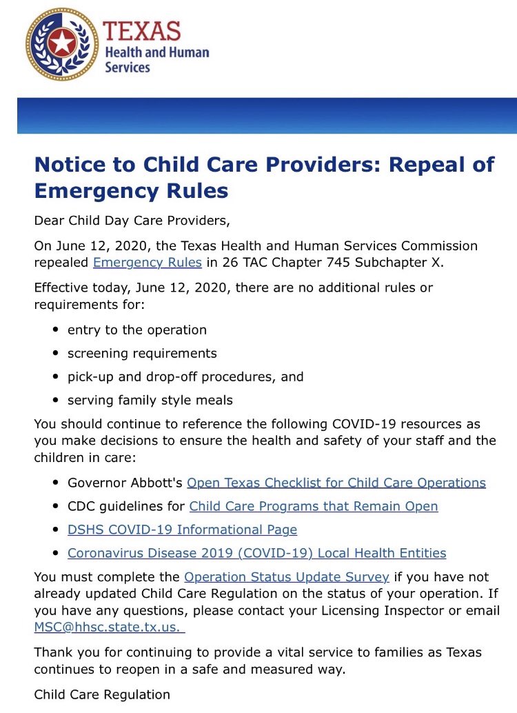 Speaking of kids  @GovAbbott repealed emergency rules for child care centers on 06/12 when we were well into this surge.He reinstated them on Friday - two full weeks of kids more likely being exposed to  #COVID19 and then taking it home with them. #AbbottFailedTexas #COVID19TX