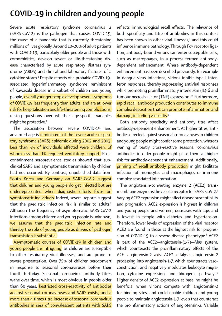 So there's a paradox of the vast majority of children and adolescents that are spared from either susceptibility or adverse outcomes; yet a rare subgroup with MIS-C. A commentary in today's  @TheLancetRheum explores the immunologic considerations https://www.thelancet.com/action/showPdf?pii=S2665-9913%2820%2930212-5