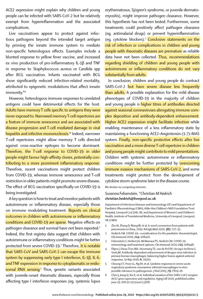 So there's a paradox of the vast majority of children and adolescents that are spared from either susceptibility or adverse outcomes; yet a rare subgroup with MIS-C. A commentary in today's  @TheLancetRheum explores the immunologic considerations https://www.thelancet.com/action/showPdf?pii=S2665-9913%2820%2930212-5