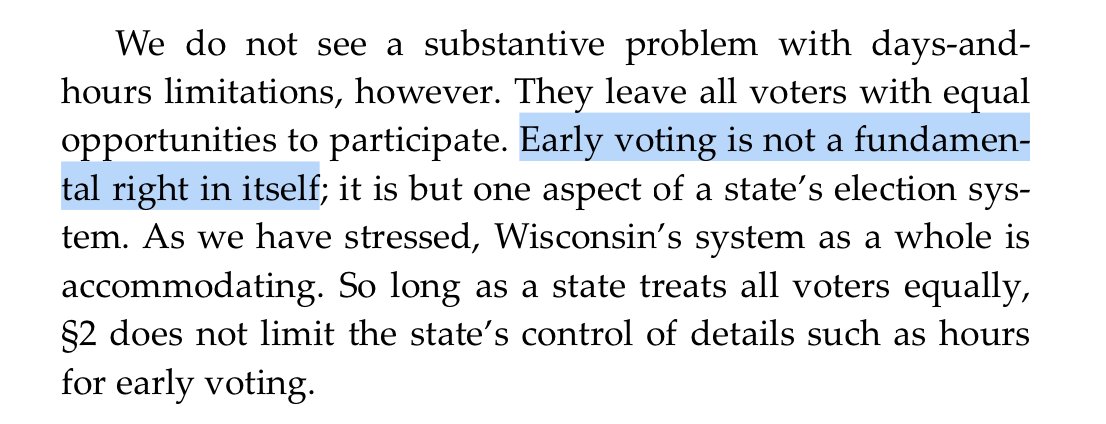 The actual decision is here. The judges—two appointed by Reagan and one by W—conclude that "Early voting is not a fundamental right." But cutting down early voting means longer lines in ways that all unevenly on voters—as we saw in WI on April 7.  https://electionlawblog.org/wp-content/uploads/FrankOWI-decision.pdf