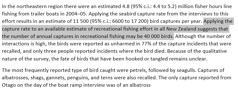 Qualitative data from 2010 also suggests recreational fisher interactions with sea birds in the tens of thousands. Again most of these are probably not fatal. But the ones that are are potentially having a significant impact on threatened species.  https://www.dragonfly.co.nz/publications/pdf/Abrahametal_2010_AEBR64.pdf