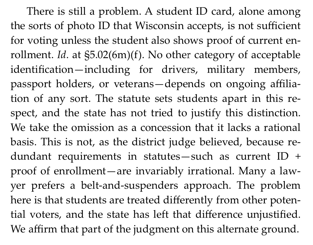 One of the few bright spots in this ruling: the judges find that there's no rational basis for preventing the use of expired student ID cards as voter IDs for currently-enrolled students. That will especially help students who aren't on campus to get new IDs printed.