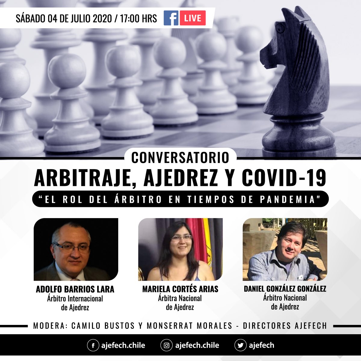 Federación de Ajedrez de Chile - AJEFECH (@ajefech) on Twitter photo Arbitraje, #Ajedrez y #COVID19: El rol del árbitro en tiempos de pandemia. Todos invitados a este Conversatorio virtual. #chess #ajedrezchileno #Chile <a href="/advorkovich/">Arkady Dvorkovich</a> <a href="/FIDE_chess/">International Chess Federation</a> <a href="/chesslivesite/">World Chess News</a> <a href="/ajedrezdelsur/">Ajedrez del Sur</a> Arbitraje, #Ajedrez y #COVID19: El rol del árbitro en tiempos de pandemia. Todos invitados a este Conversatorio virtual. #chess #ajedrezchileno #Chile <a href="/advorkovich/">Arkady Dvorkovich</a> <a href="/FIDE_chess/">International Chess Federation</a> <a href="/chesslivesite/">World Chess News</a> <a href="/ajedrezdelsur/">Ajedrez del Sur</a>